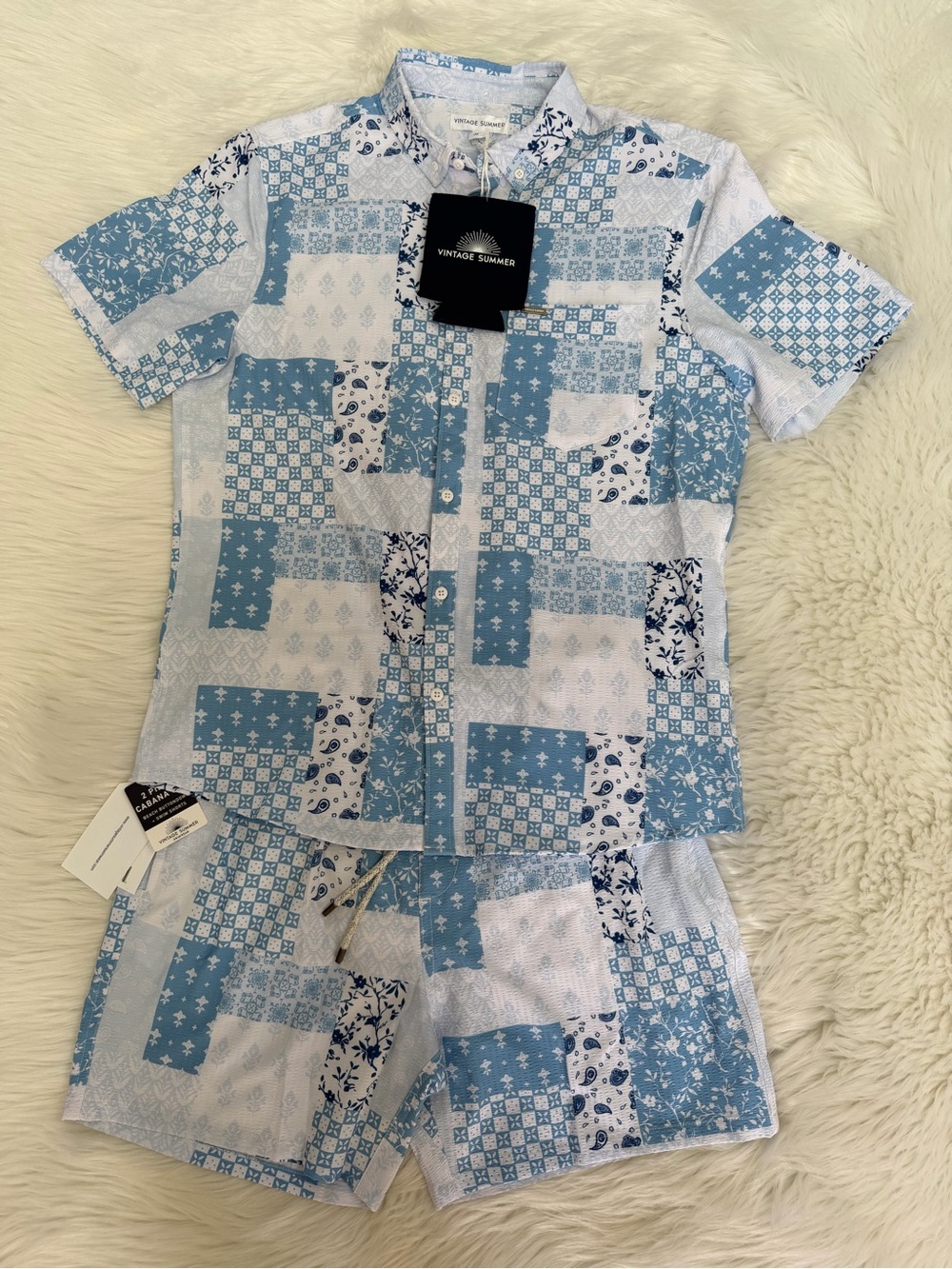 Vintage Summer Light Blue Patchwork Short Set Sz M